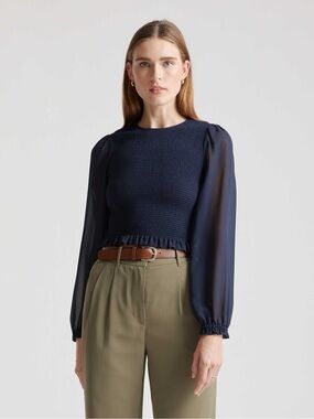 Quince Chiffon Cropped Smocked Blouse Navy Size M